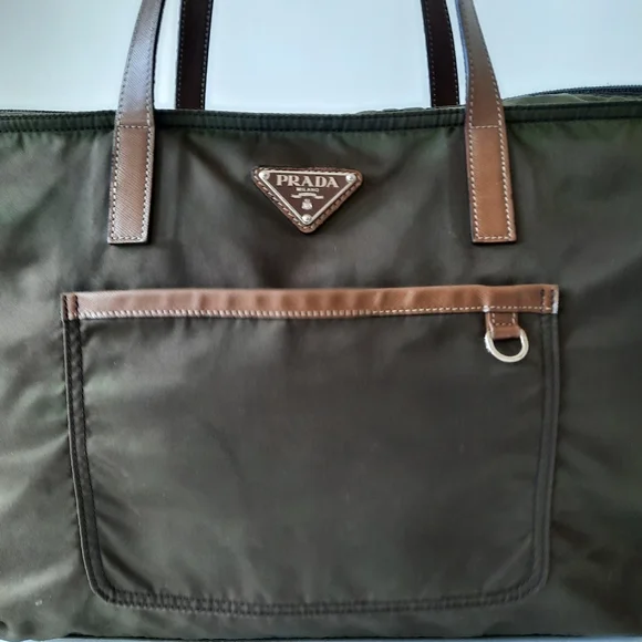 PRADA Vela Saffiano Leather Tessuto Tote Zip Green Enamel Triangle Logo Tan Bag